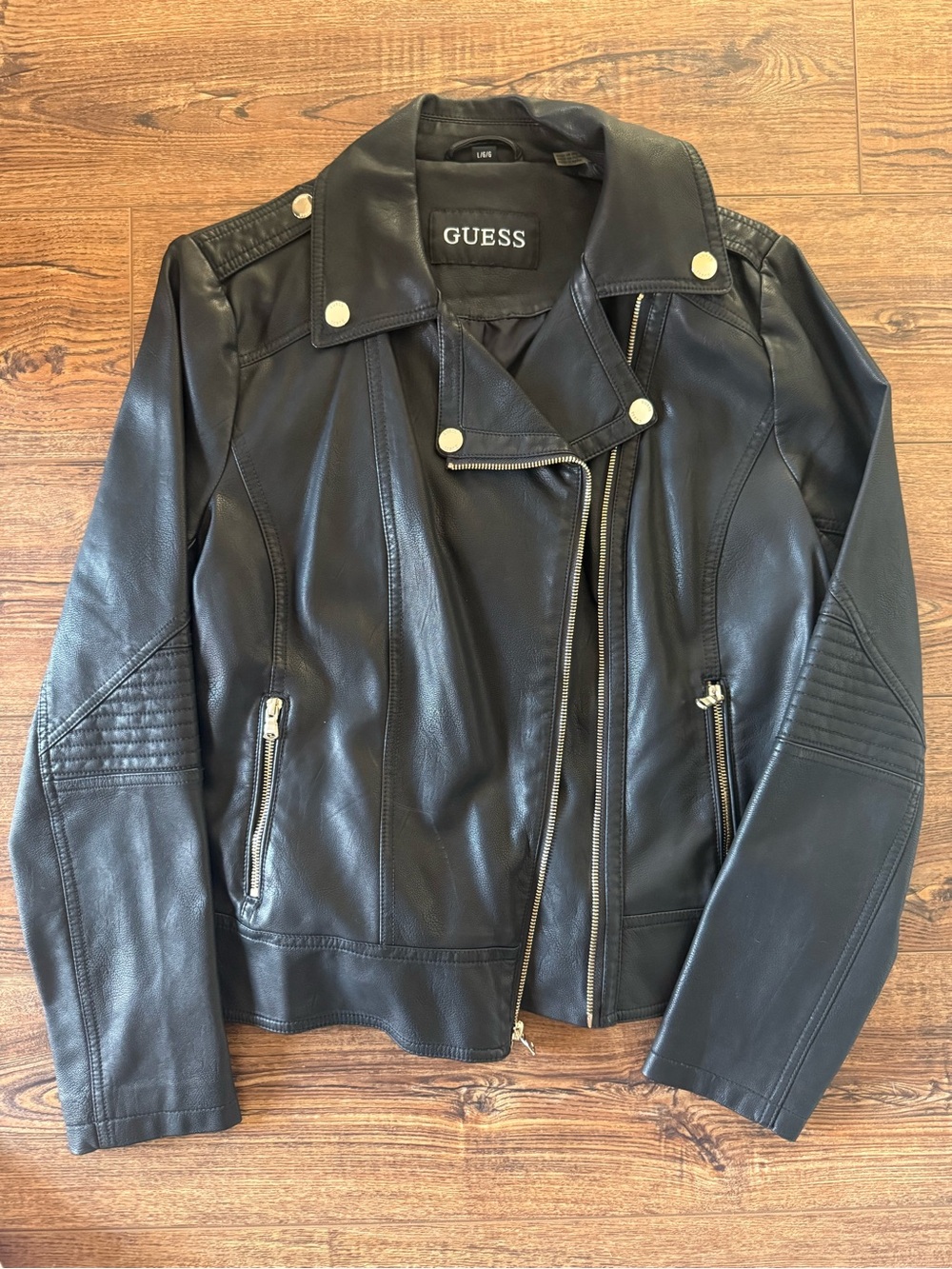 GUESS Black Faux Leather Moto Jacket with Gold Hardware